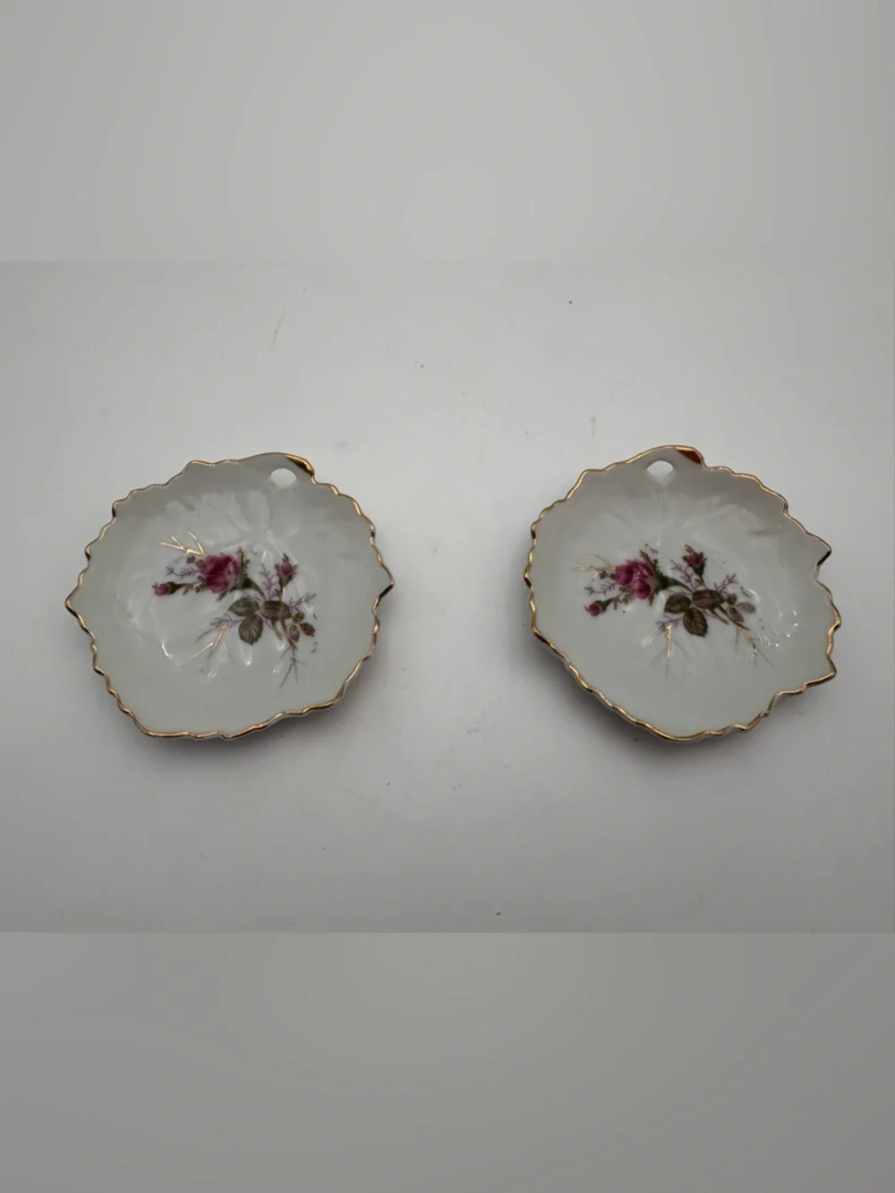 Vintage Pair of Japanese Small Trinket Dishes with Hand Painted Rose Detail